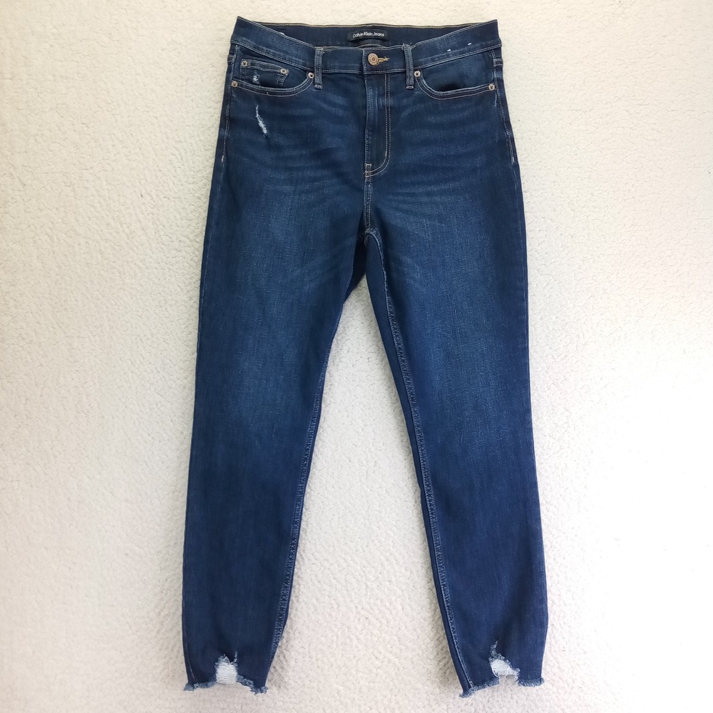 Calvin Klein Jeans Womens 31 Dark Wash Skinny Repreve Distressed Raw Hem Denim